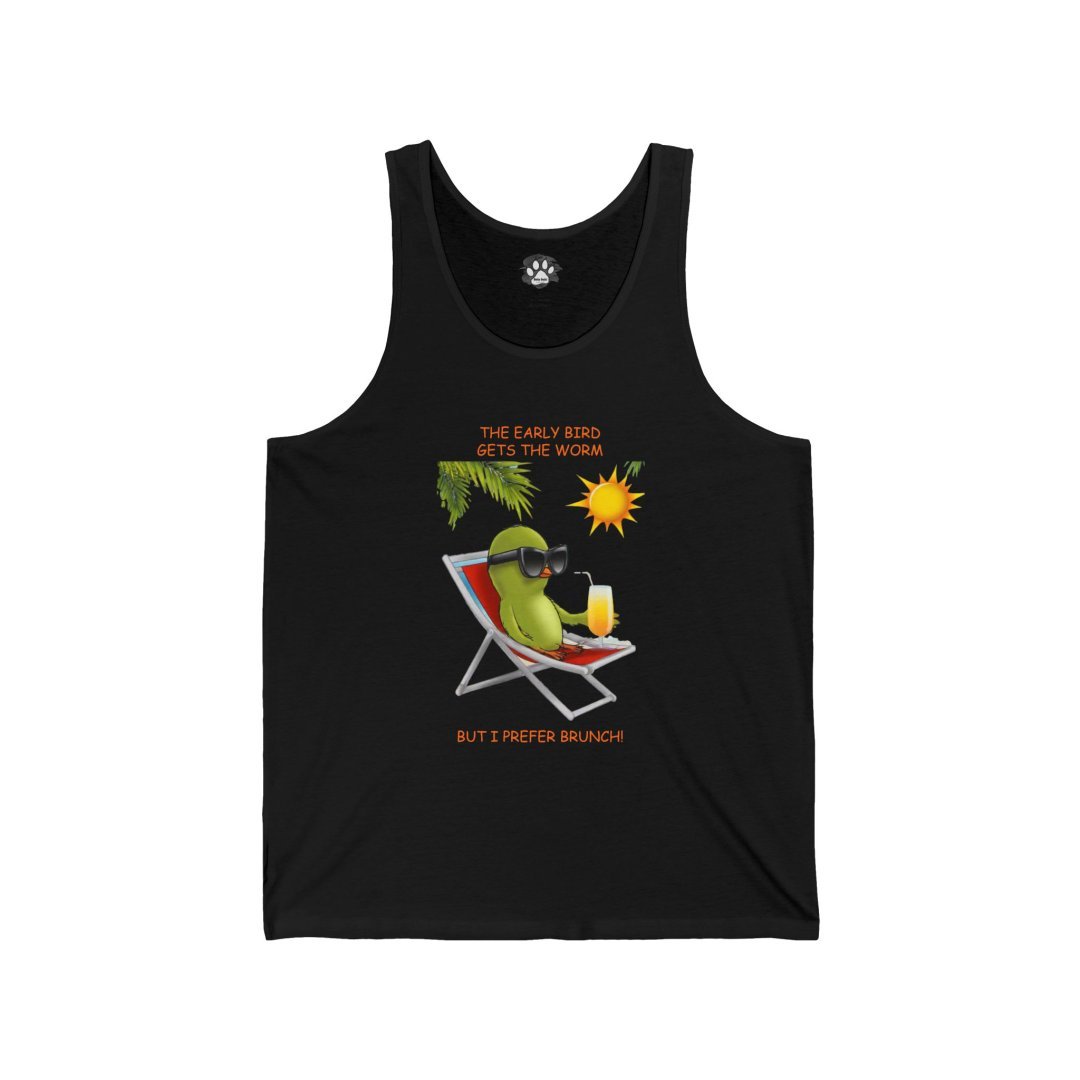 Tank top with avocado lounging on a chair, wearing sunglasses.