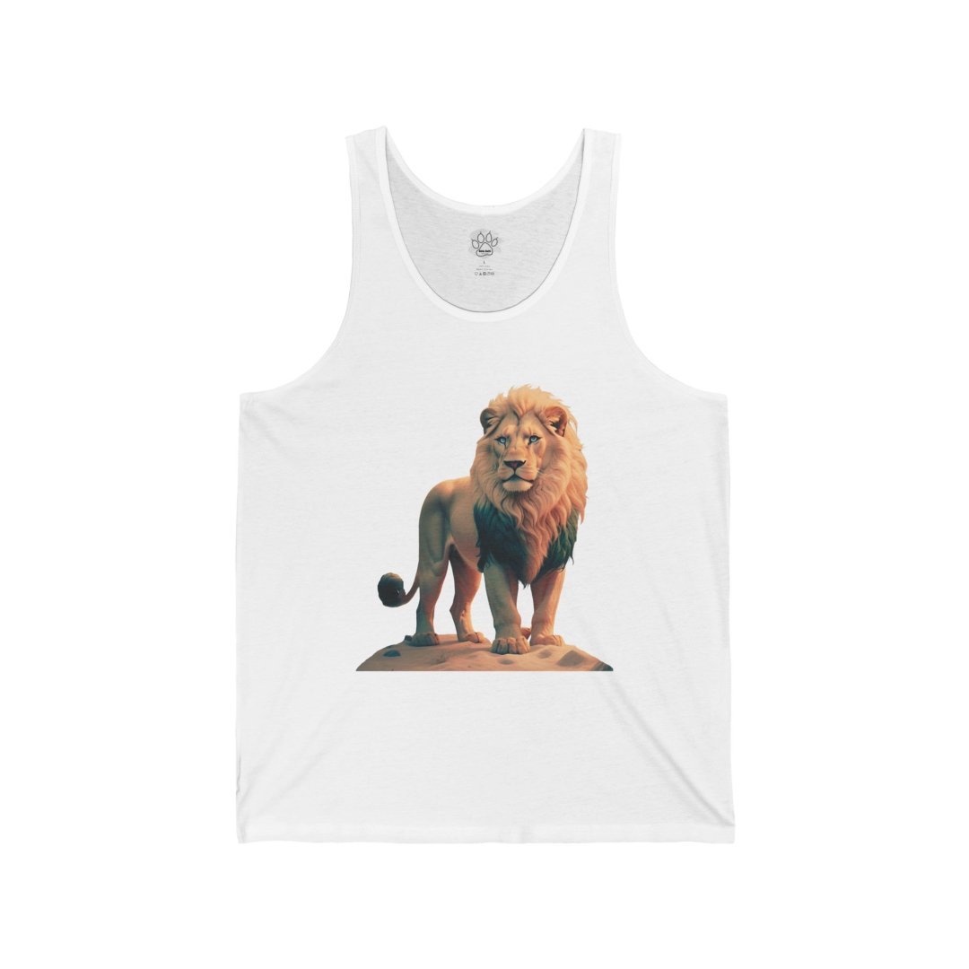 14025392557488659396_2048.jpeg White tank top featuring a detailed illustration of a lion standing on a rock.