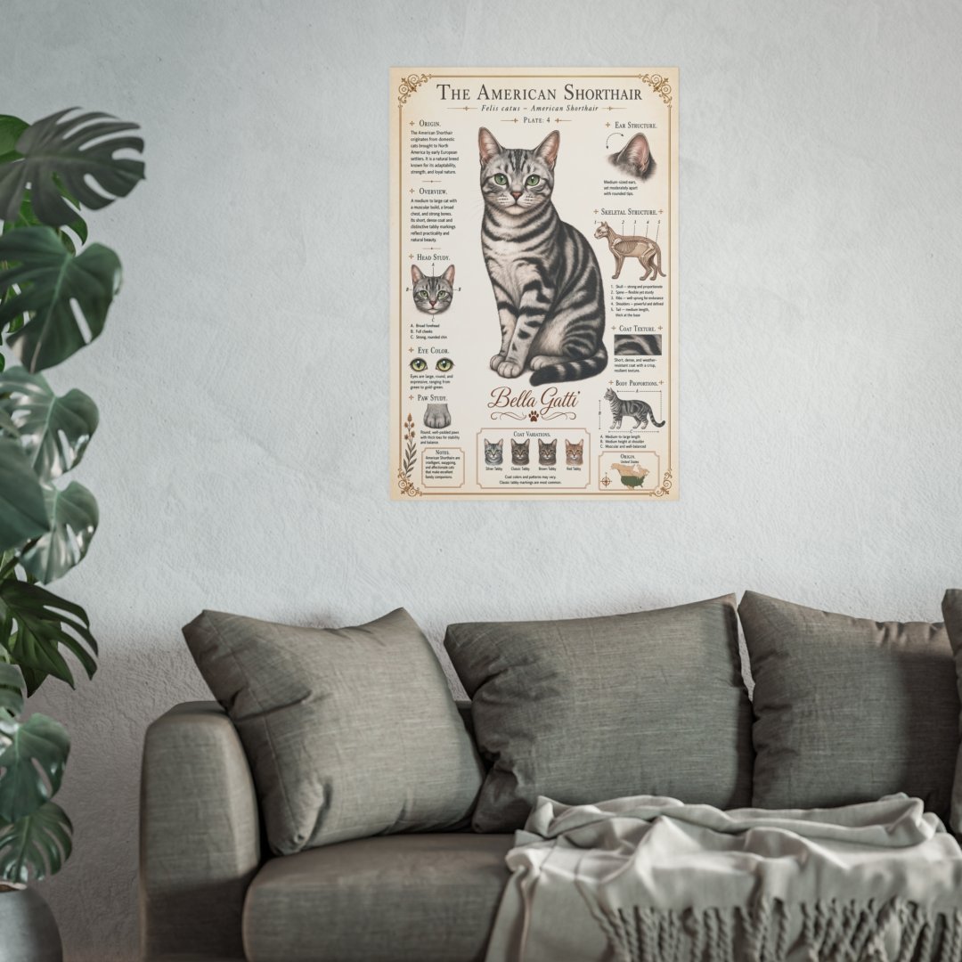 14484709063088957226_2048.jpeg Poster of the American Shorthair cat breed on a wall above a gray sofa.
