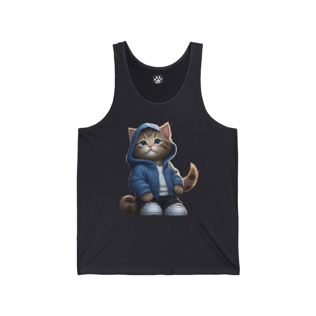 14707073183794819301_2048.jpeg Tank top featuring a cute cat in a blue hoodie and sneakers.