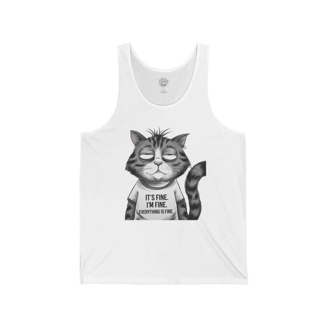 1491579949874559027_2048.jpeg White tank top with a cartoon cat saying 'It's fine. I'm fine. Everything is fine.'