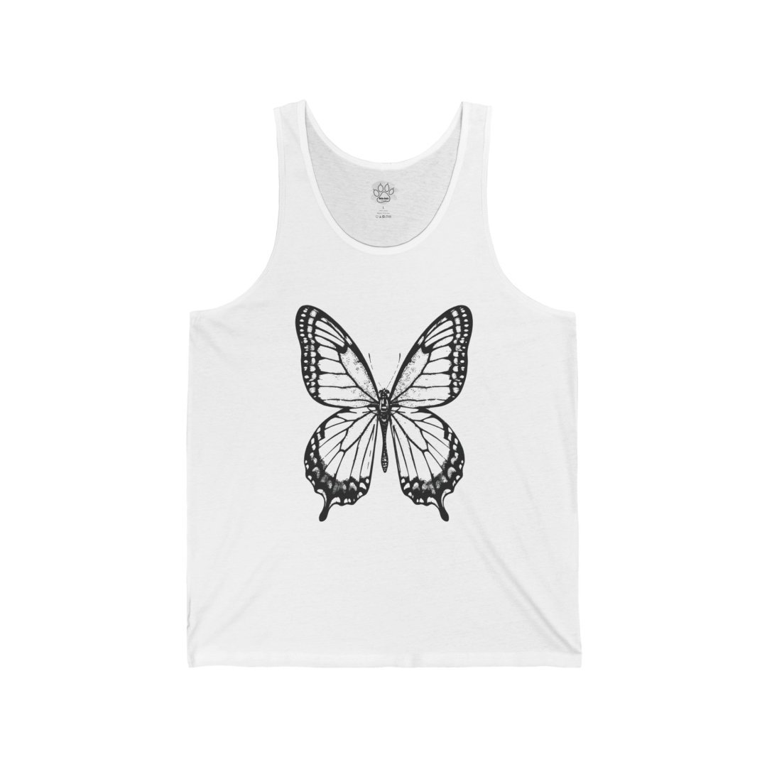 White tank top with a black butterfly design on the front.