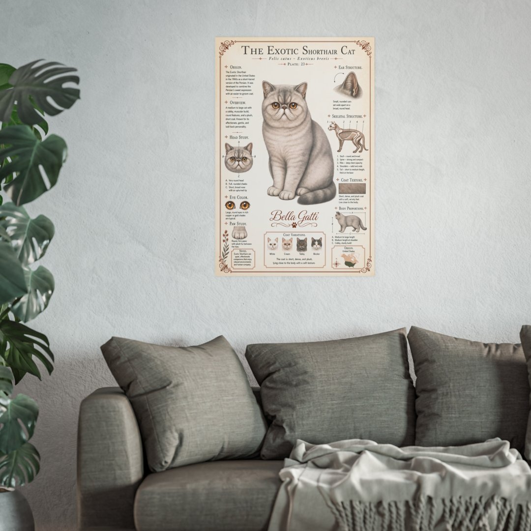 15371141097921076620_2048.jpeg Poster of an Exotic Shorthair cat with information, above a gray couch.