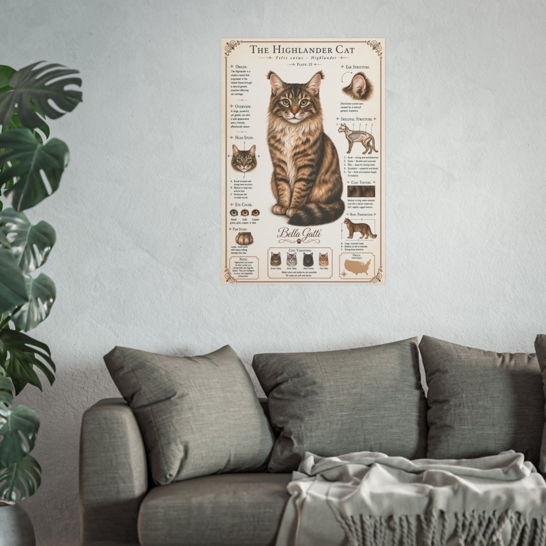 15442118547925333402_2048.jpeg Poster of a Highlander cat with detailed information on a wall above a sofa.