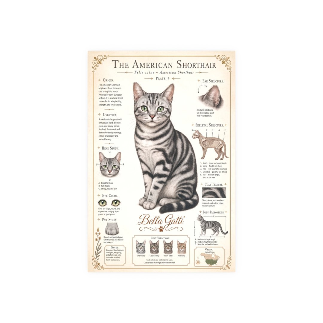 Illustration of an American Shorthair cat with detailed features.