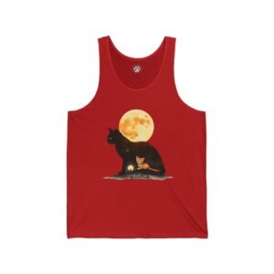 Bella Gatti Kitten Unisex Graphic Tank Top Red tank top with a black cat and kitten design under a full moon.