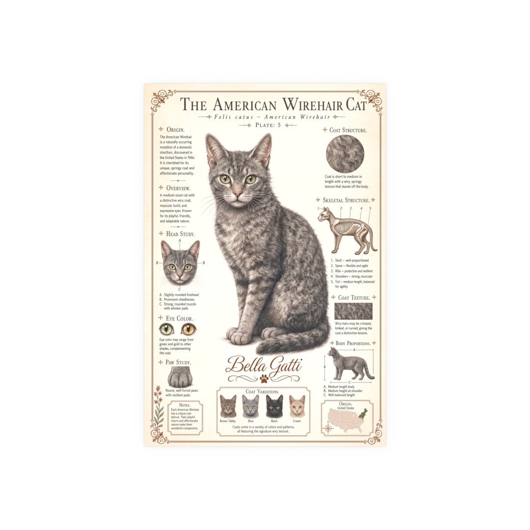 Illustration of an American Wirehair cat with detailed breed information.