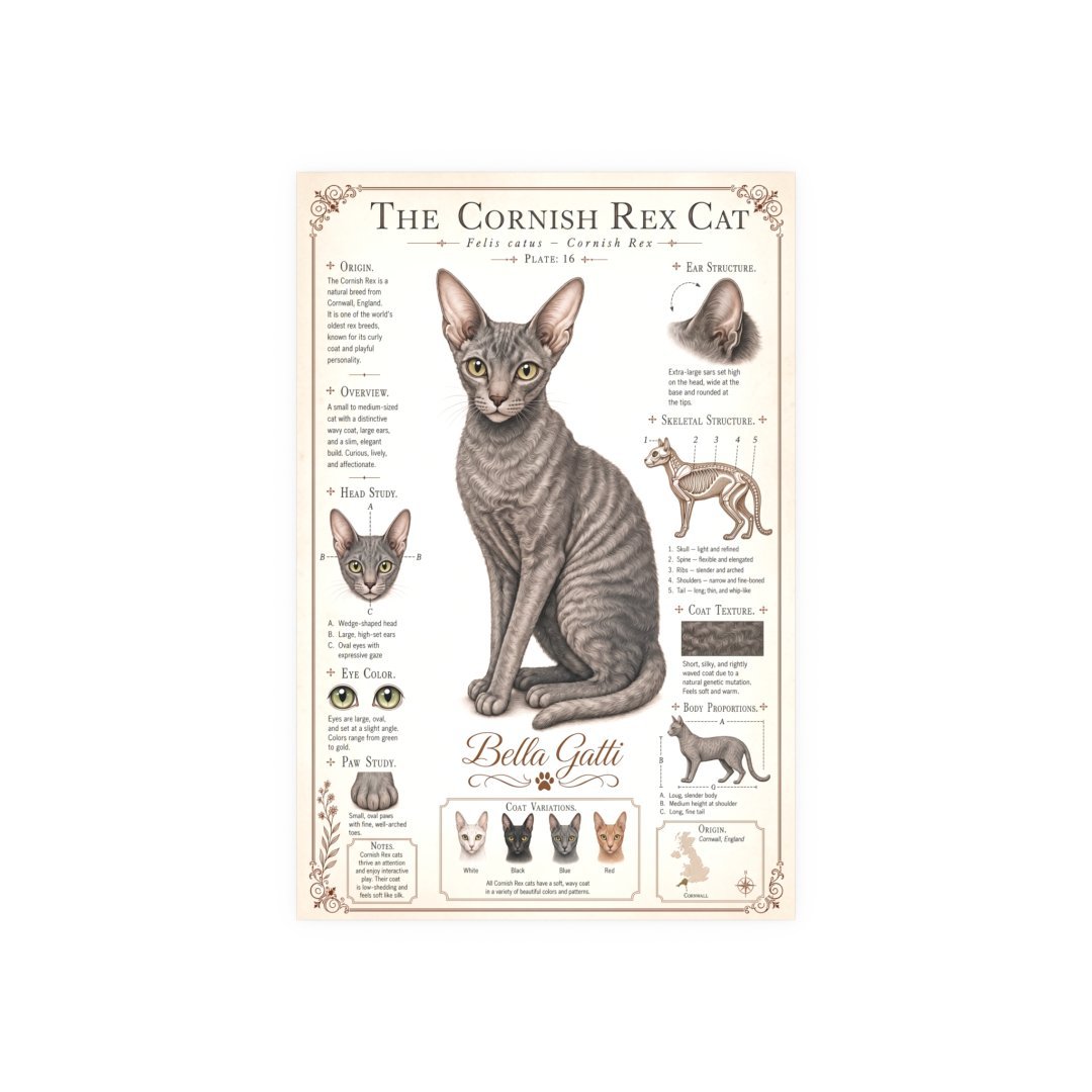 15849072710031926442_2048-1.jpeg Illustrated guide of the Cornish Rex cat breed with detailed features.