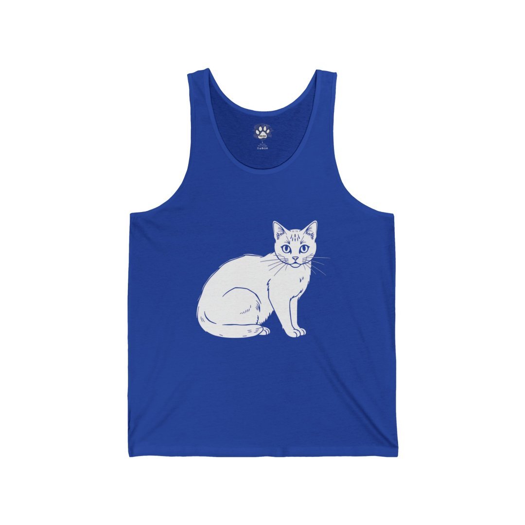 15861278161012637846_2048.jpeg Blue tank top with a white cat illustration on the front.