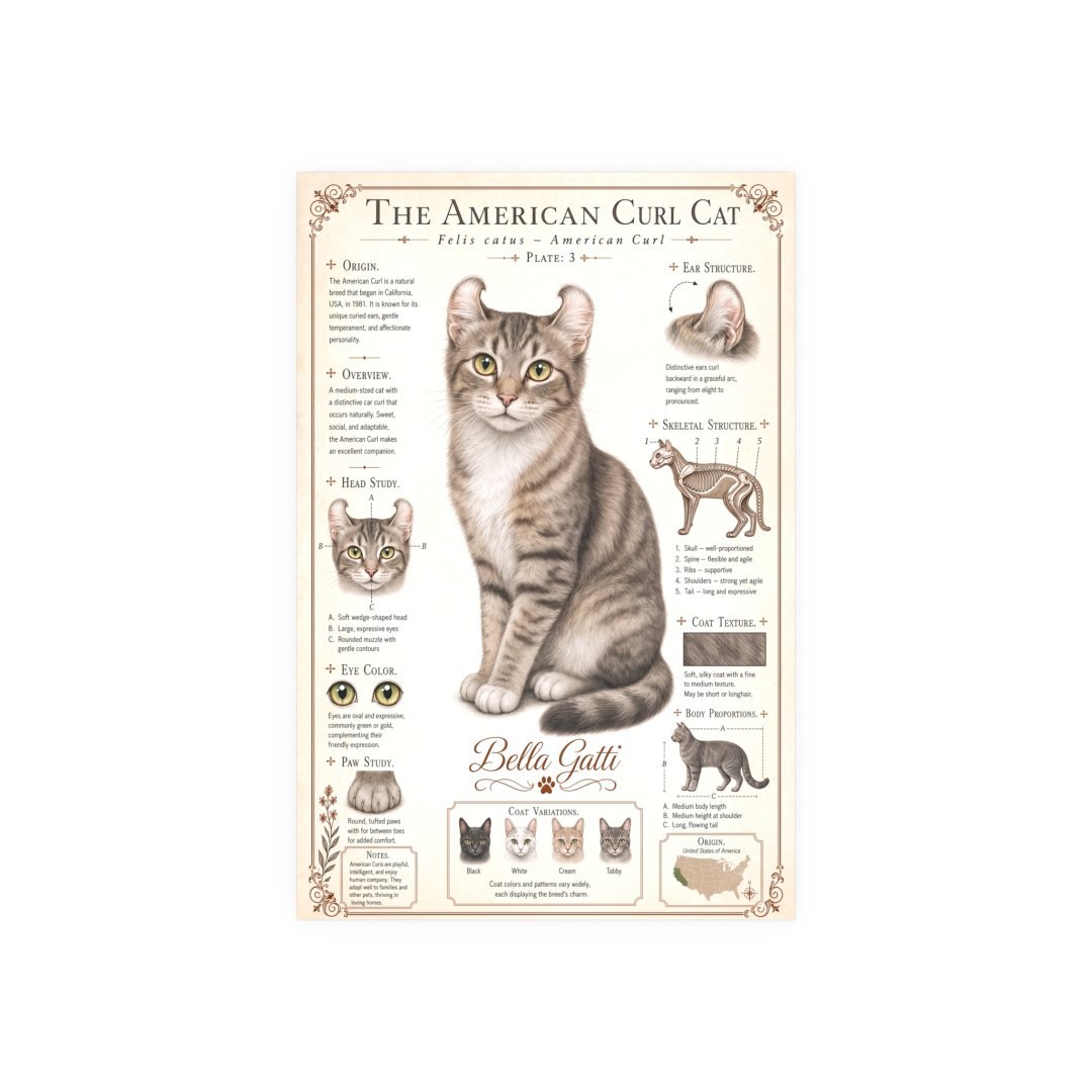 Illustrated guide of the American Curl Cat with detailed features.