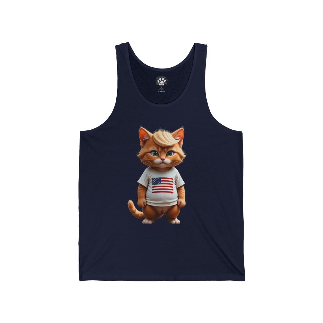 16405107253072123740_2048.jpeg Tank top with cartoon cat wearing a USA flag shirt.