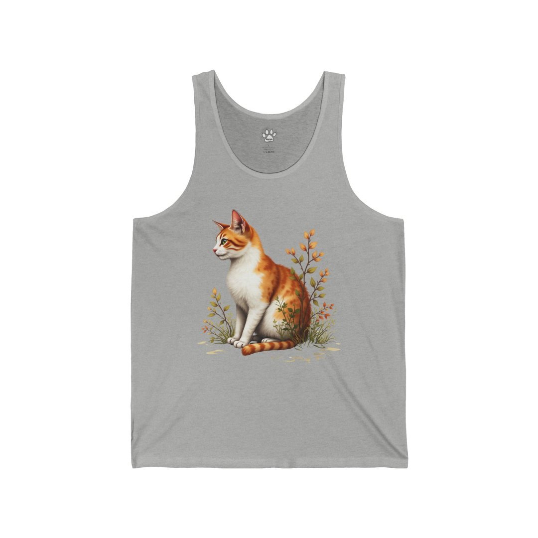 1687615063936931899_2048.jpeg Gray tank top with an illustration of an orange and white cat sitting among flowers.