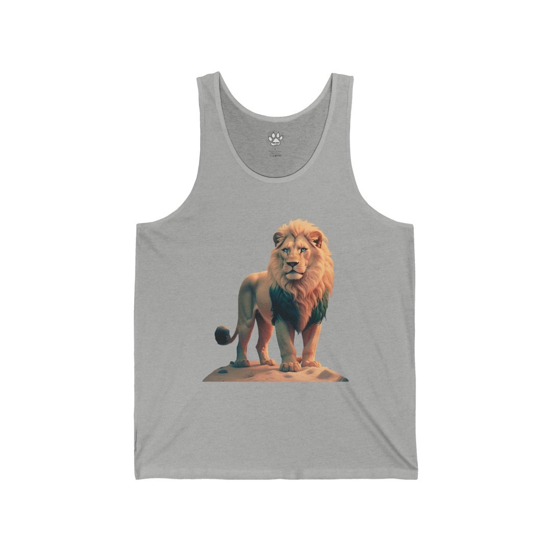 16906162064534172907_2048.jpeg Gray tank top with a lion graphic standing on a rock.