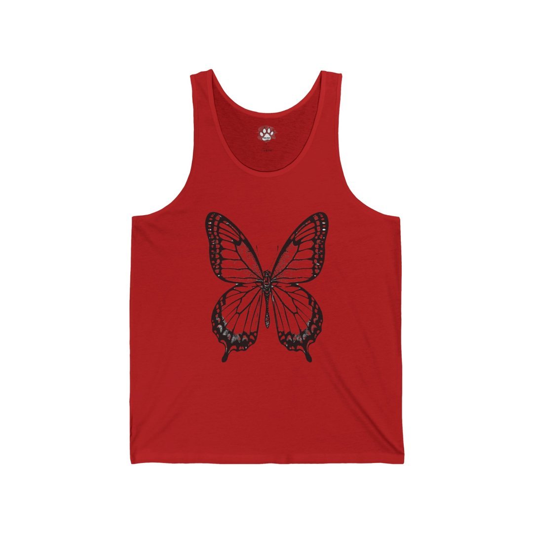1729786059391063861_2048.jpeg Red tank top with a black butterfly design on the front.