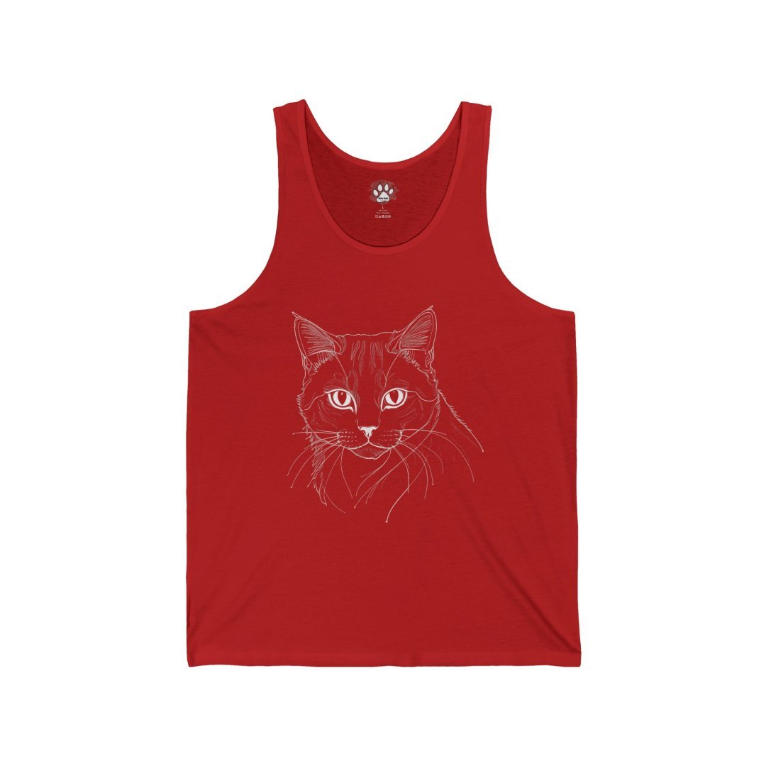 17579125330510726502_2048.jpeg Red tank top with a white line drawing of a cat's face.