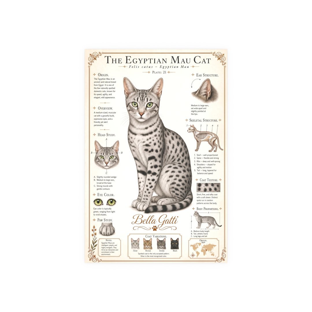 Illustration of an Egyptian Mau cat with detailed features and characteristics.
