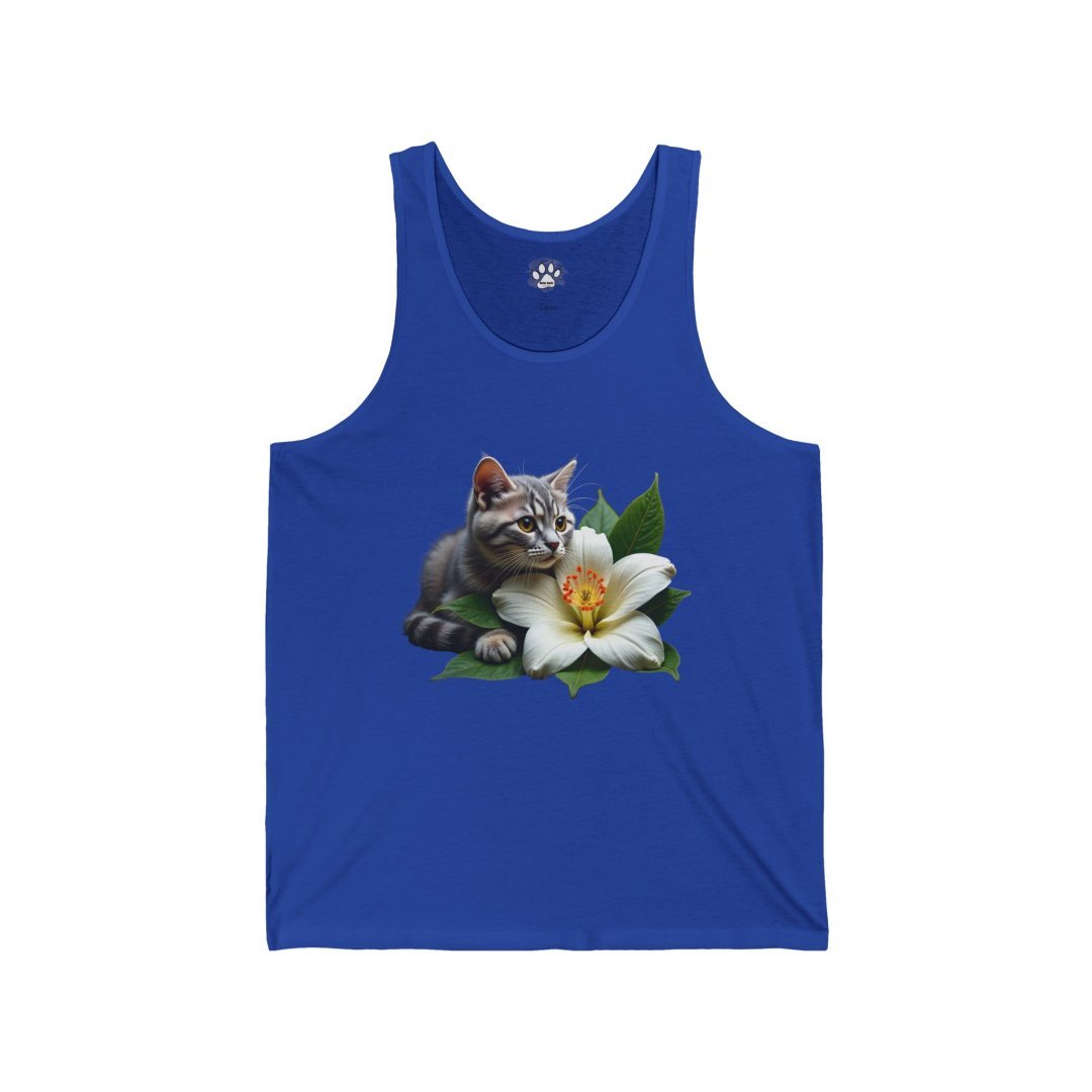 17861162280771588760_2048.jpeg Blue tank top with a kitten and a white lily design.