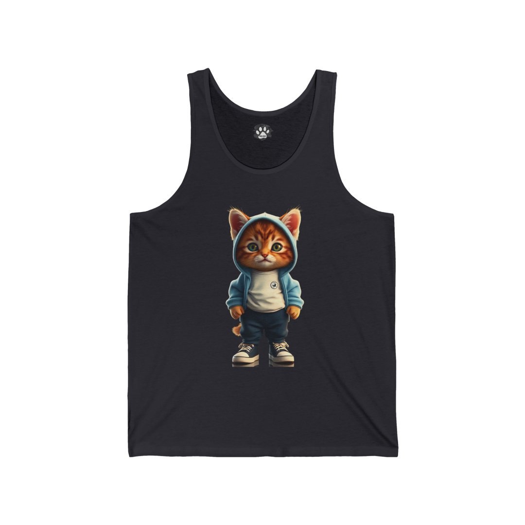 1895835391755576962_2048.jpeg Cute cat in a hoodie and sneakers on a black tank top.