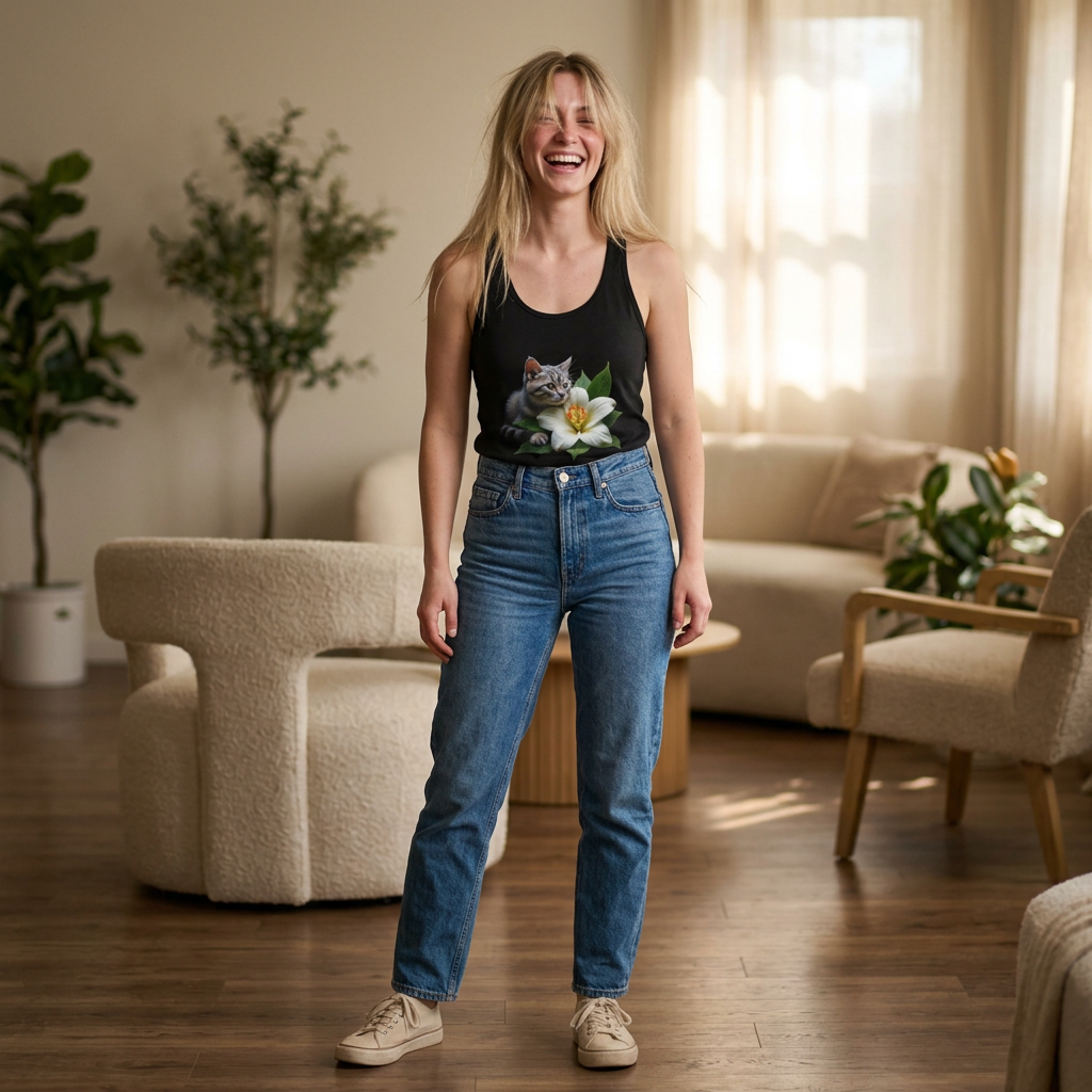 20260912180616-1f1aed4a-5bc5-6ba8-a1d1-5637d8261550.png Woman in a cat-themed tank top smiling in a cozy living room.