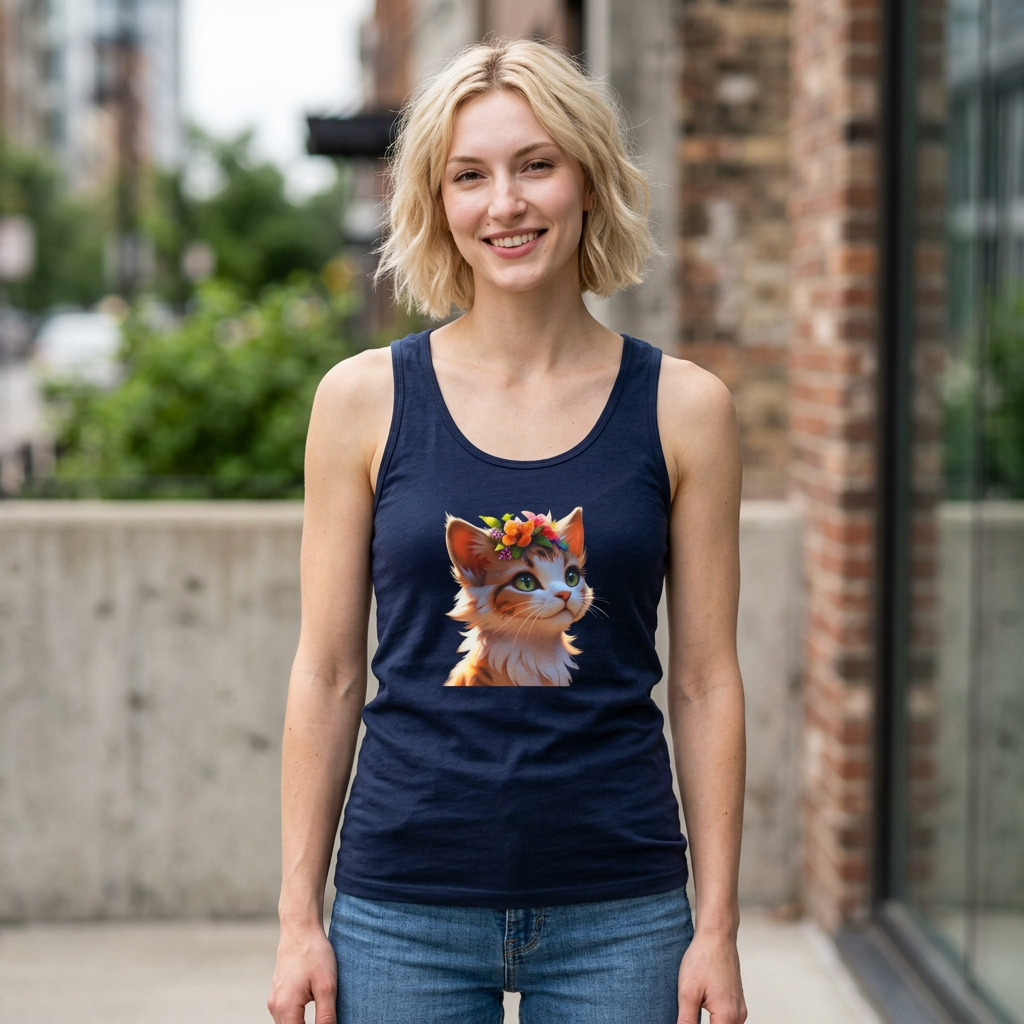 20260912181002-1f1aed52-c781-6b1e-83e0-de464aaec86a.png Woman wearing a navy tank top with a colorful cat design.