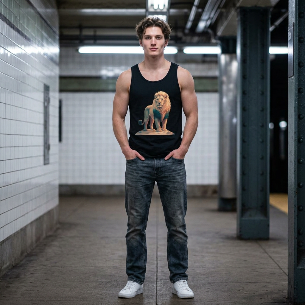 20260912183501-1f1aed8a-9d8f-6b5c-b75e-5637d8261550.png Person wearing a lion print tank top in a subway station.