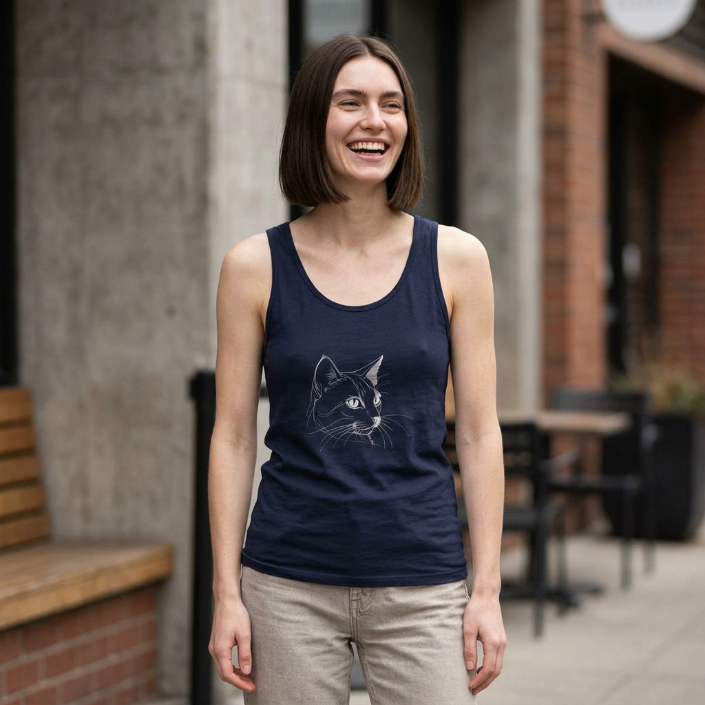20260912201151-1f1aee63-12a9-637e-89d6-6693bb541656.png Woman wearing a navy tank top with a cat illustration, smiling outdoors.