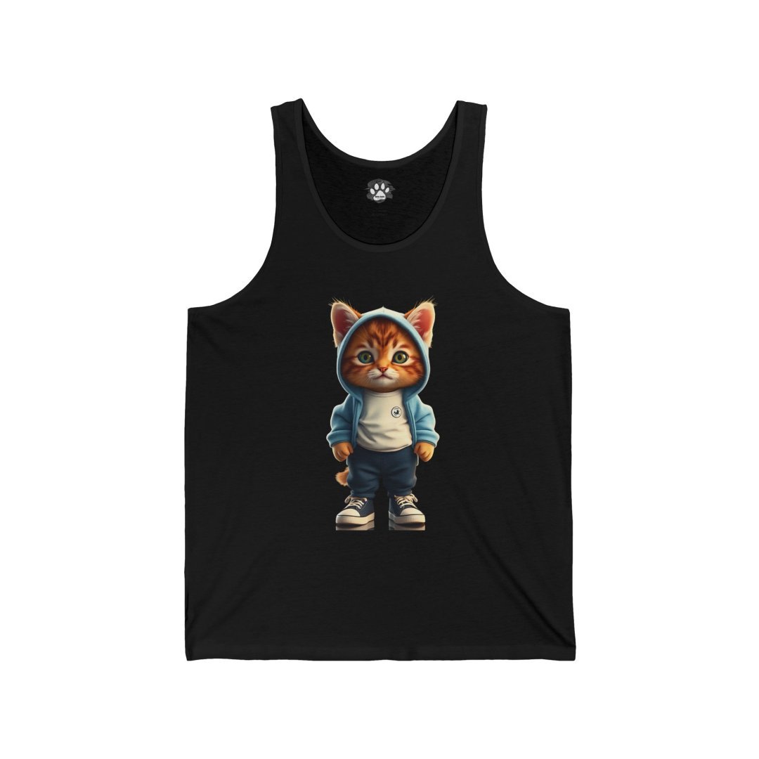 Tank top with a cute cat in a hoodie and sneakers design.