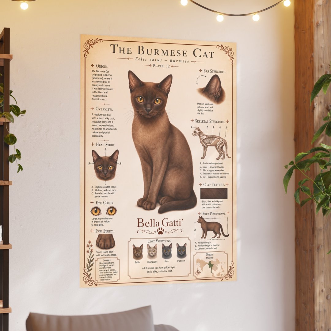 2187377995636805052_2048-1.jpeg Illustrated poster of a Burmese cat with detailed features and characteristics.