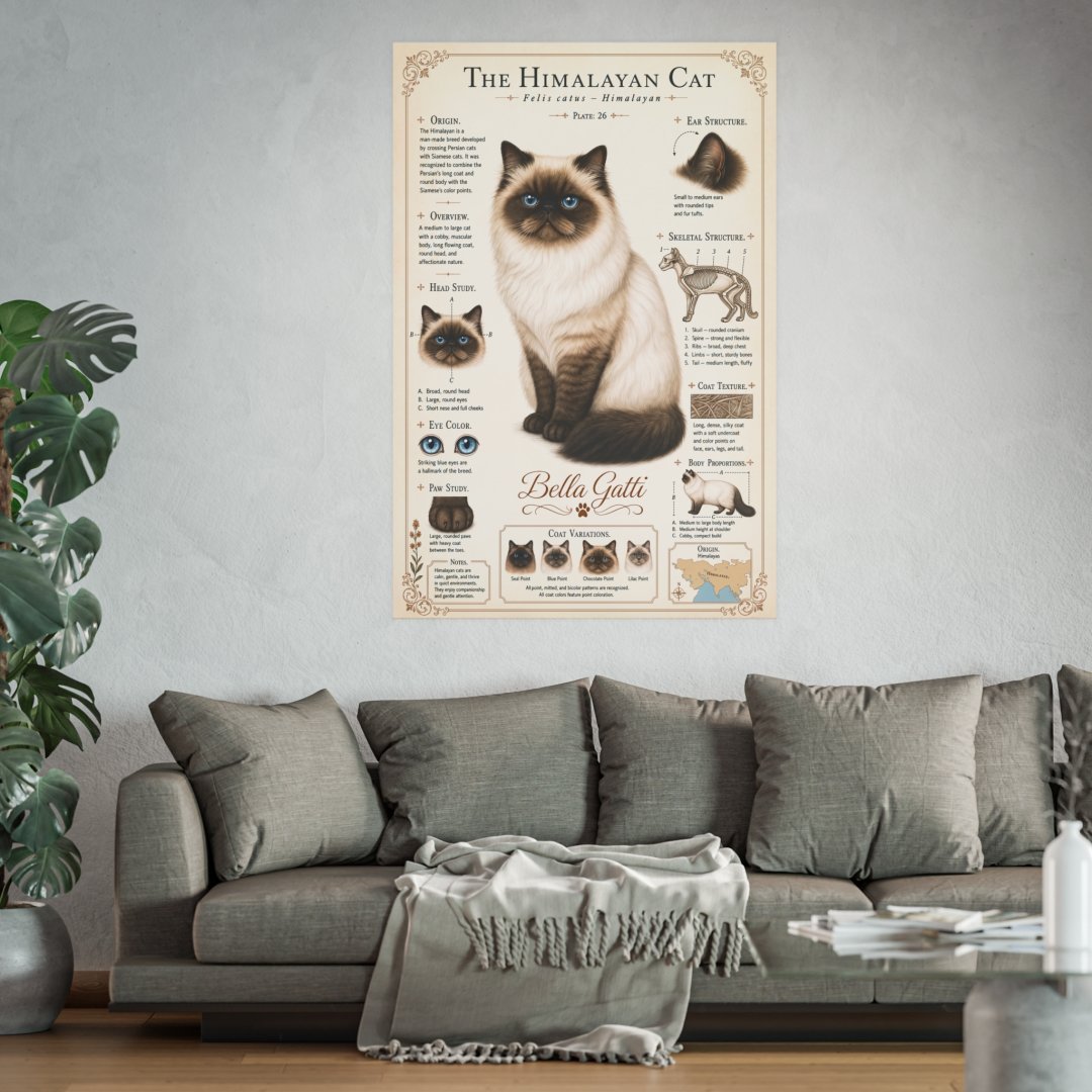 230494834001814378_2048-1.jpeg Poster of a Himalayan cat with detailed information on a wall above a gray sofa.
