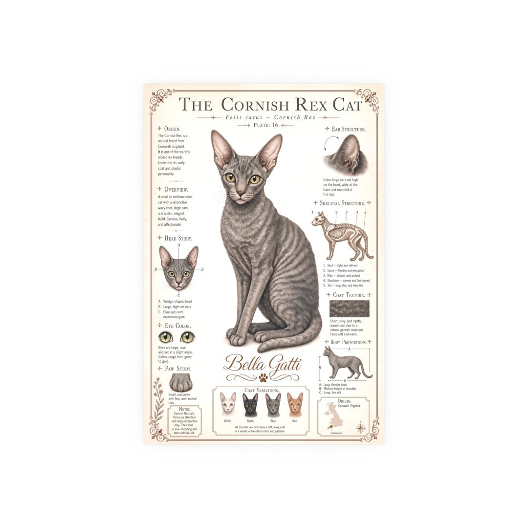 240350508999774615_2048.jpeg Illustration of a Cornish Rex cat with detailed features and characteristics.
