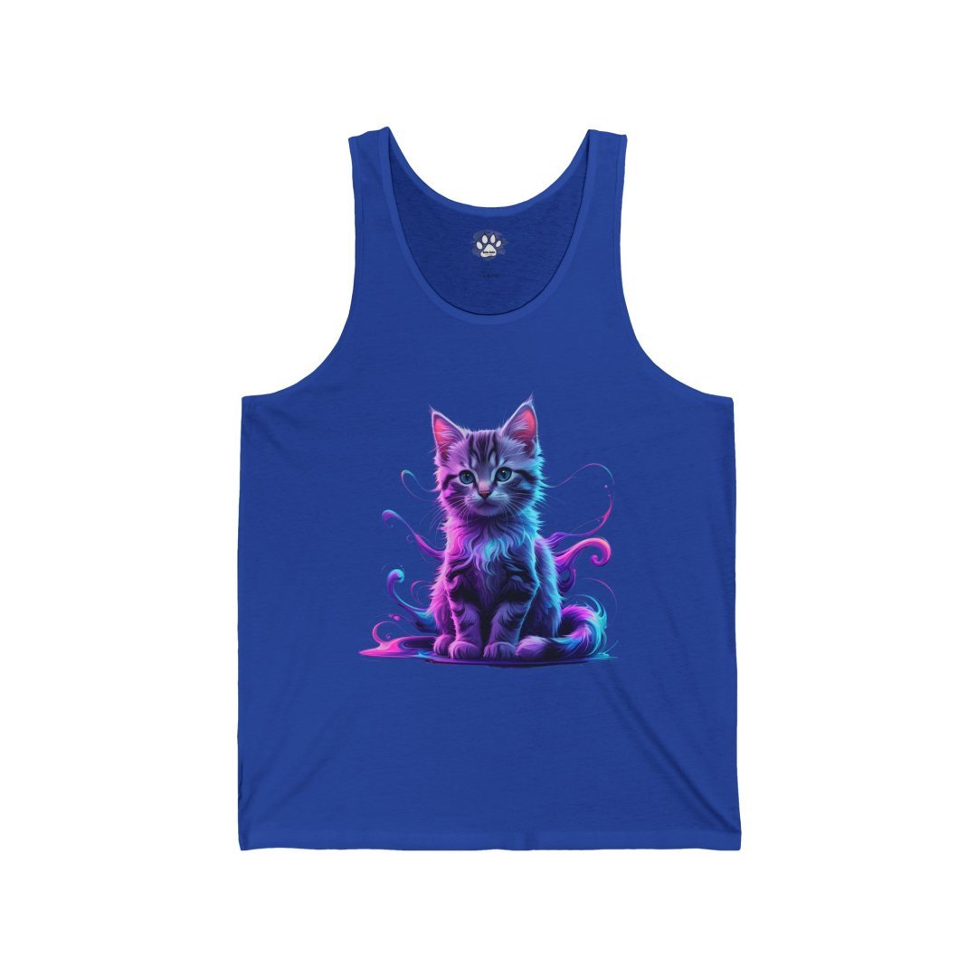2509291789143229188_2048.jpeg Blue tank top with a neon-colored kitten design.