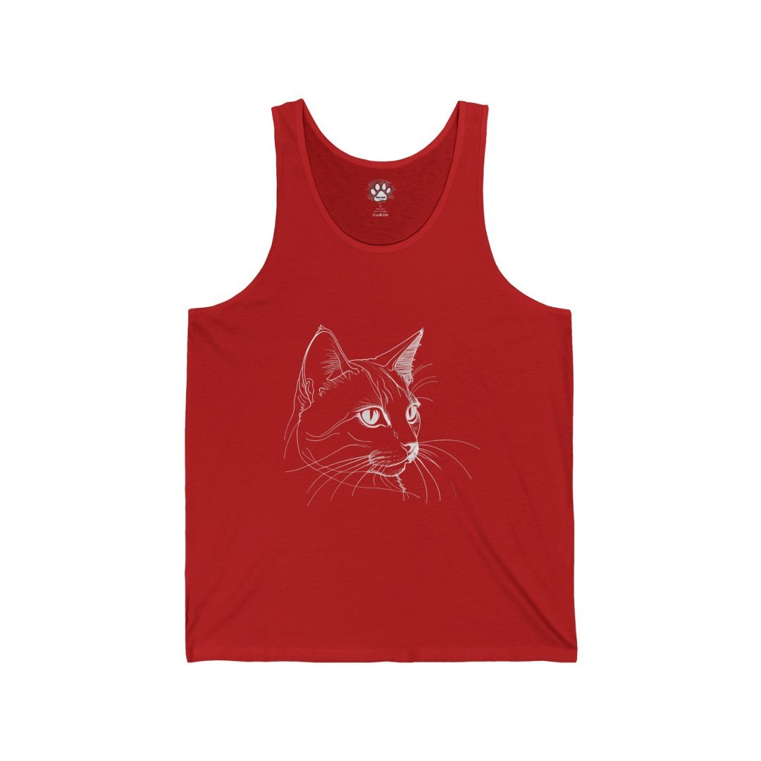 2563098911010154403_2048.jpeg Red tank top with a white line drawing of a cat's face.