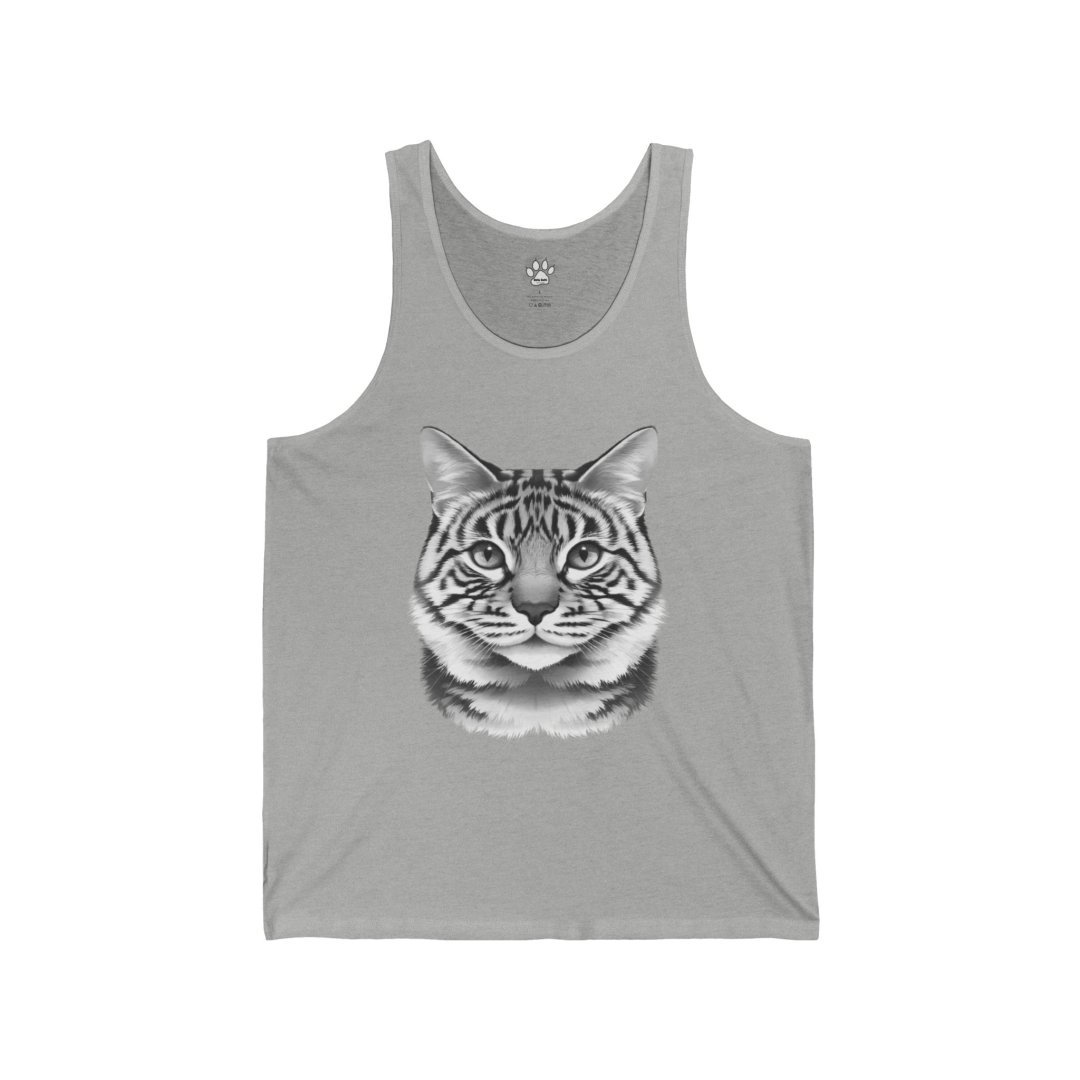 2638954064119144686_2048.jpeg Gray tank top with a detailed cat face illustration.