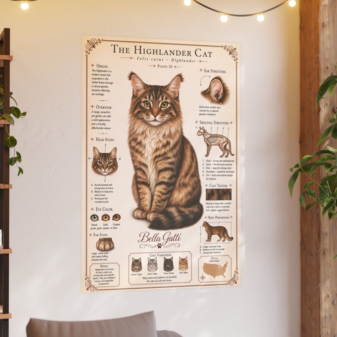 2820288546559671069_2048-1.jpeg Poster of a Highlander cat with detailed features and illustrations.