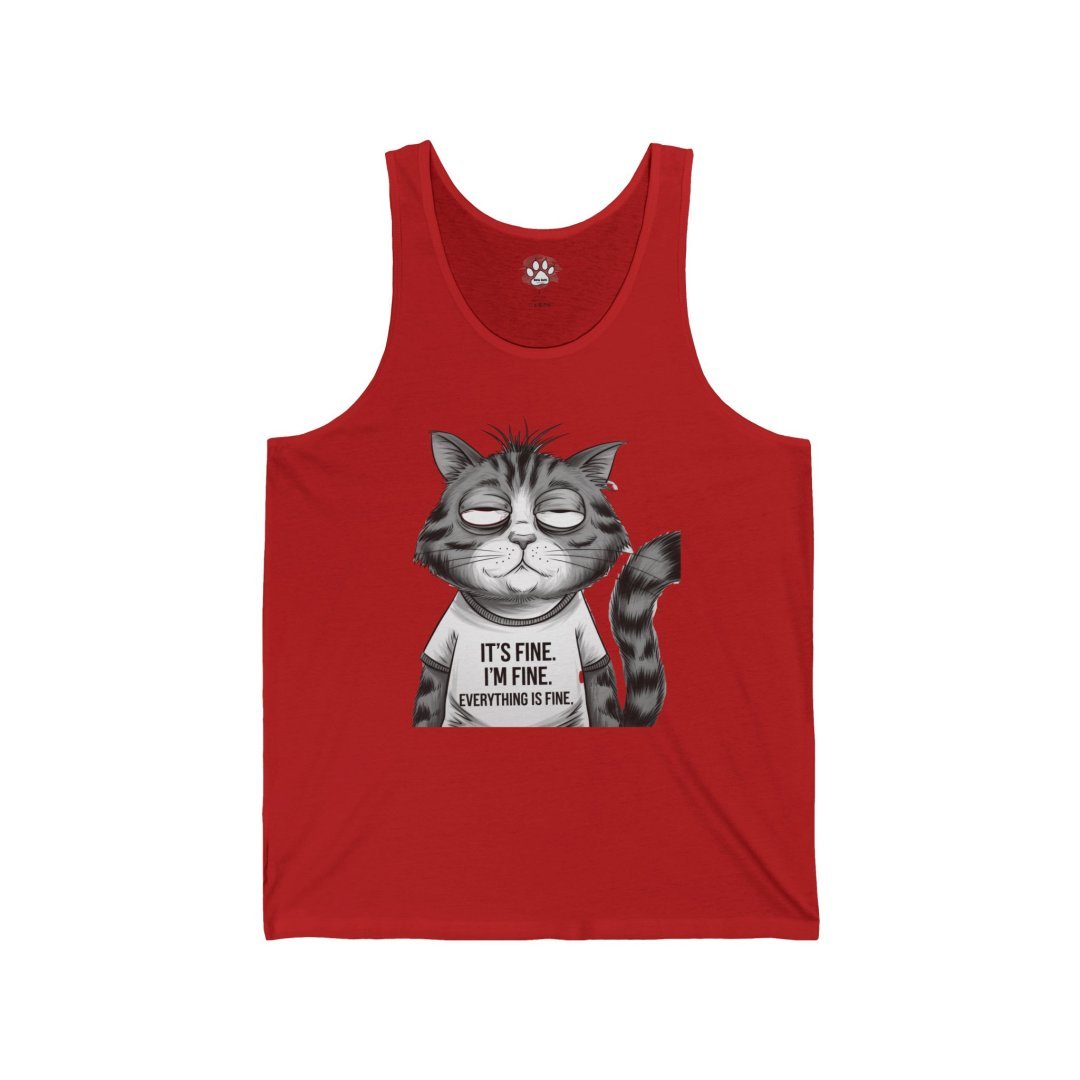 3000700207430205519_2048.jpeg Red tank top with a cartoon cat saying 'It's fine. I'm fine. Everything is fine.'