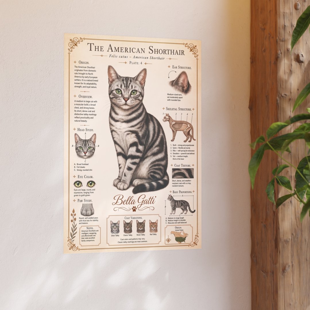 306441845340334222_2048.jpeg Poster of an American Shorthair cat with detailed information.