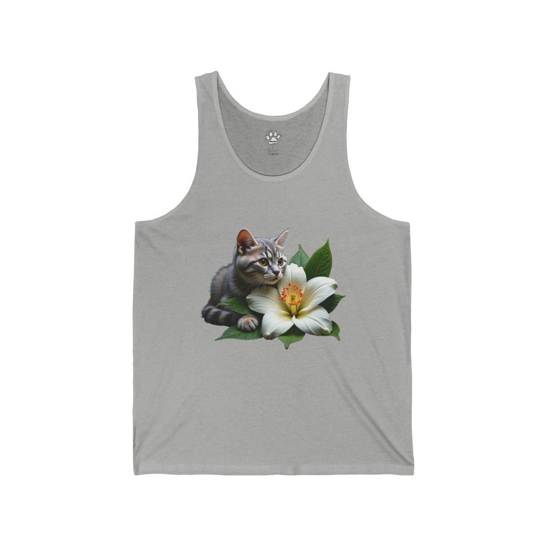 3690788378584506751_2048.jpeg Gray tank top with a cat and white lily design.