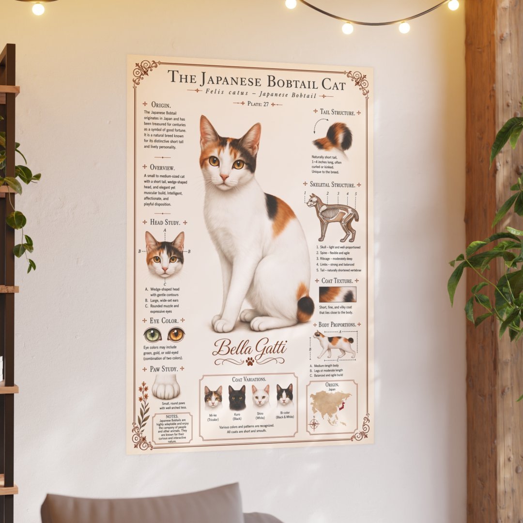 3825065289727773622_2048-1.jpeg Poster of a Japanese Bobtail cat with detailed information and illustrations.