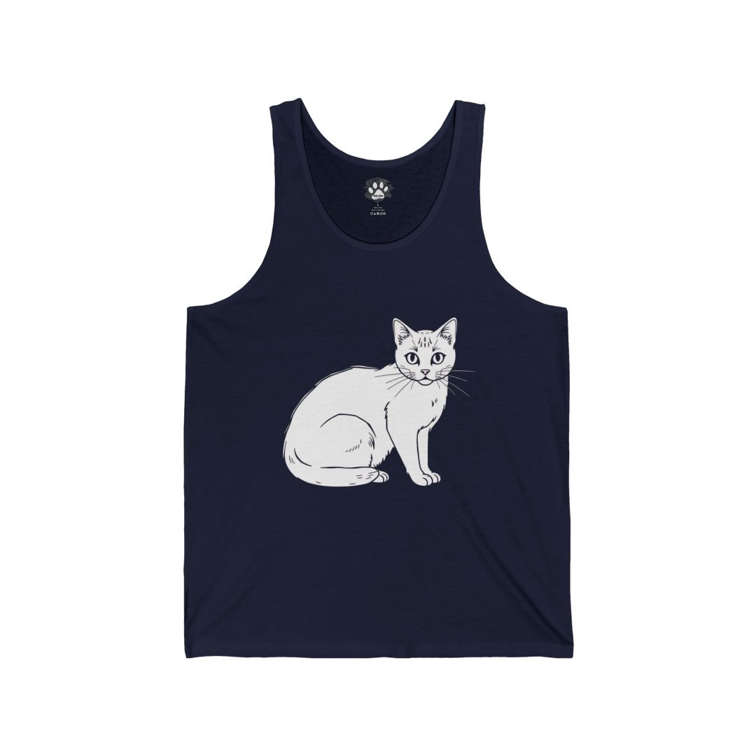 4131380951059722581_2048.jpeg Navy tank top with a white cat illustration on the front.