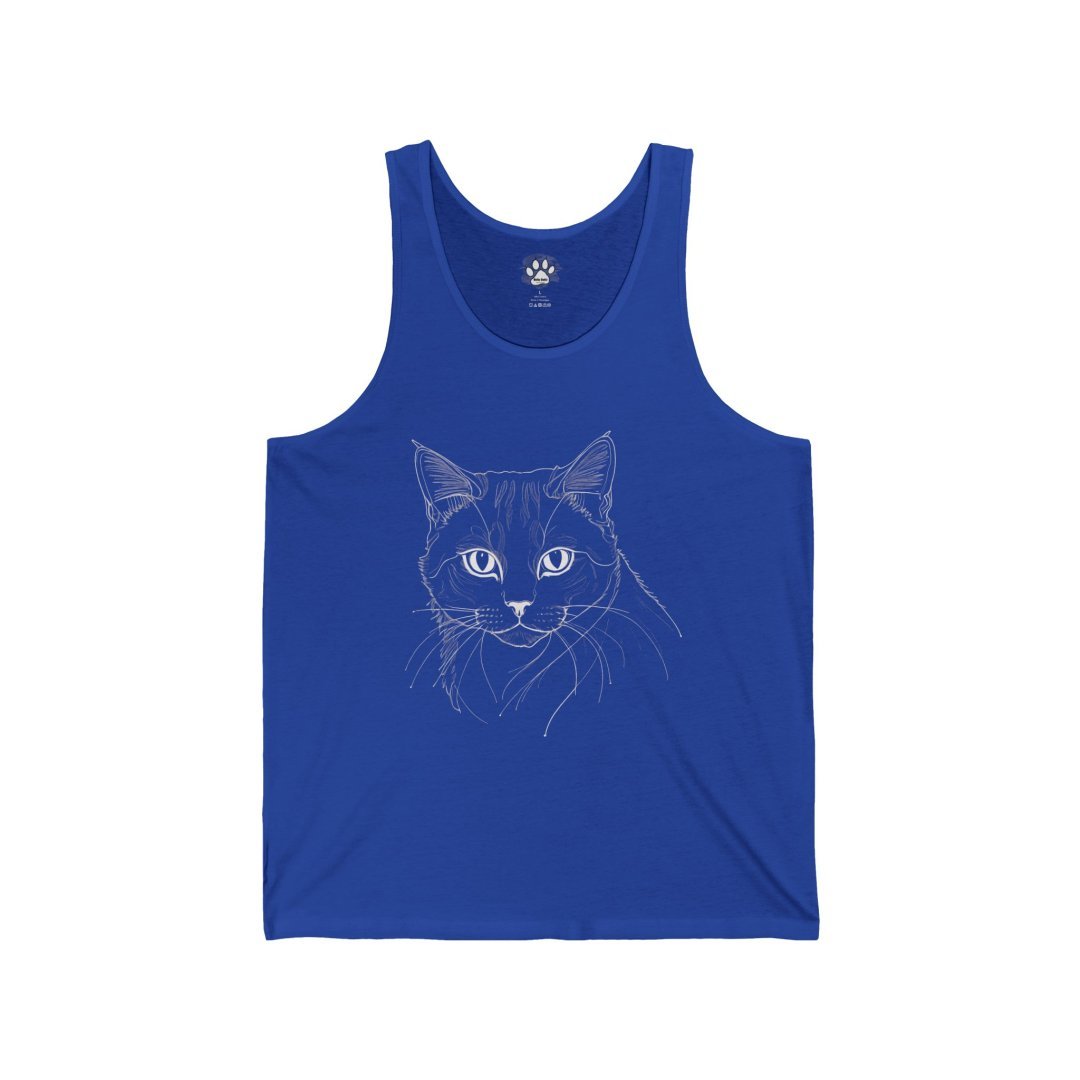 4159351132898931519_2048.jpeg Blue tank top with a white line drawing of a cat's face.