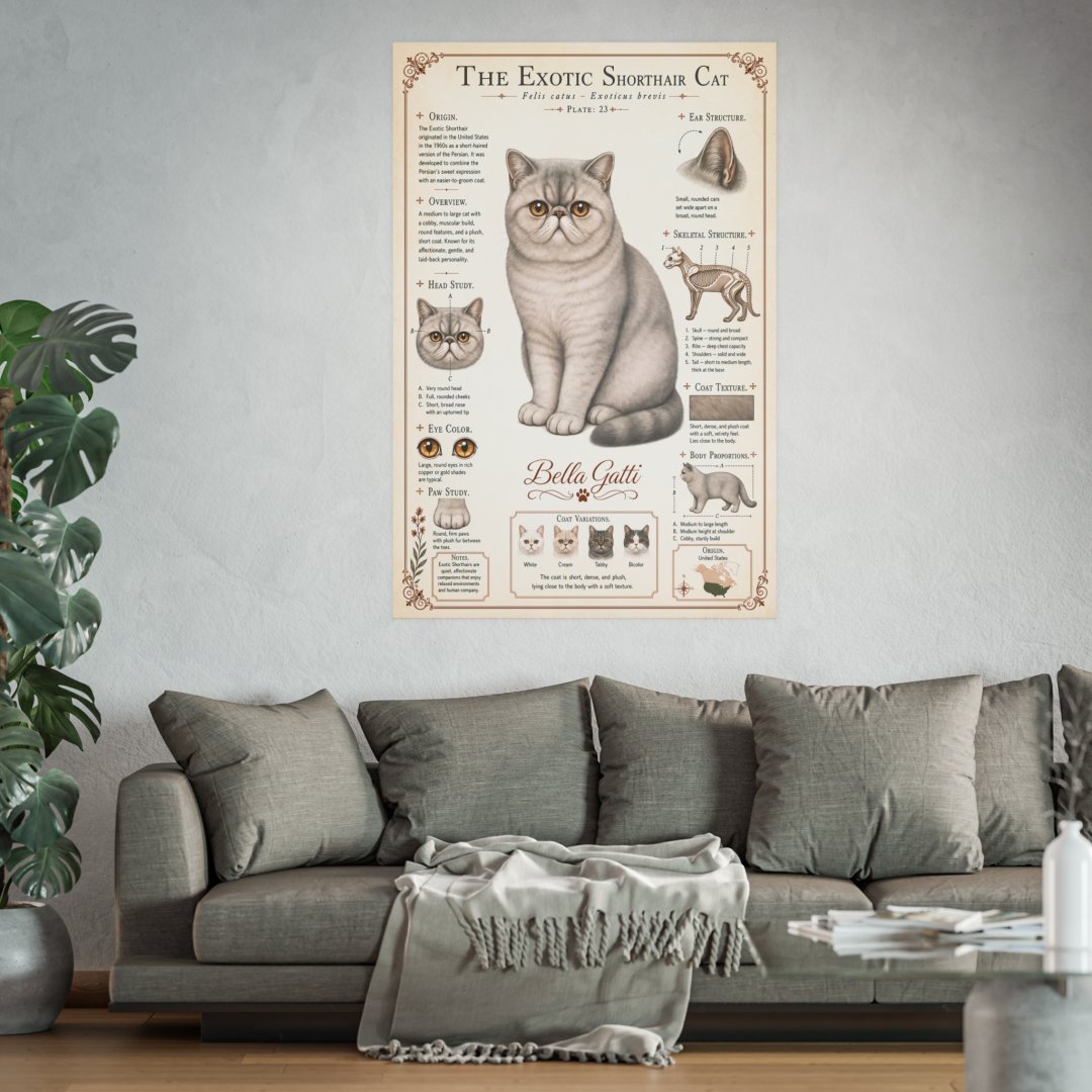 4239179610429701718_2048-1.jpeg Poster of an Exotic Shorthair cat above a gray sofa in a living room.