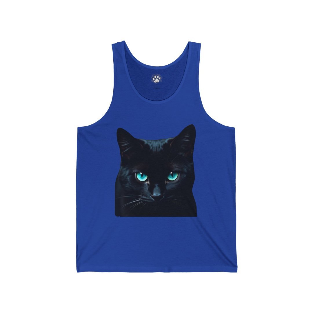 4614464610794883697_2048.jpeg Blue tank top with a black cat graphic featuring striking blue eyes.
