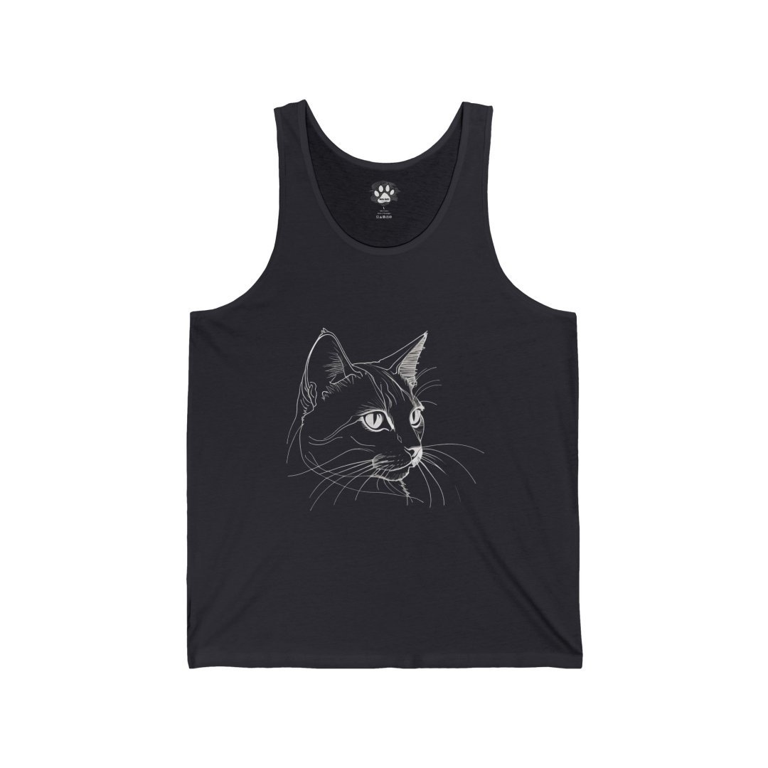 4659595568289638583_2048.jpeg Black tank top with a white line drawing of a cat's face.
