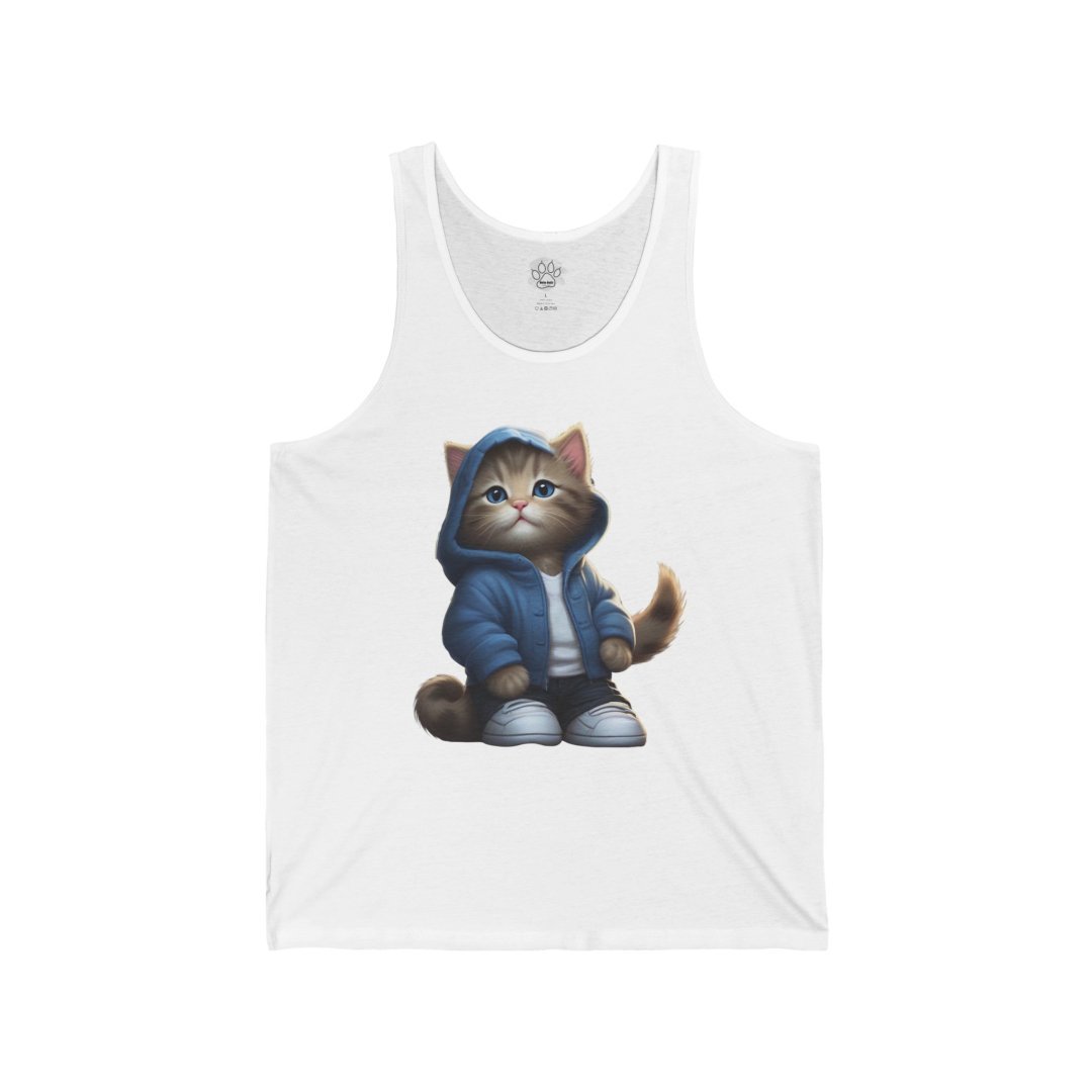 46765950533600205_2048.jpeg Cute cat wearing a blue hoodie and sneakers on a white tank top.