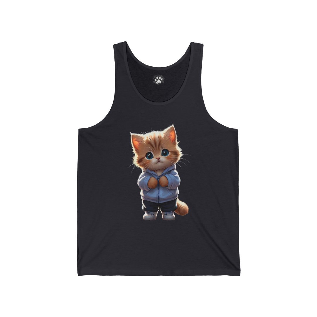 5108298907902276274_2048.jpeg Cute kitten wearing a blue hoodie on a black tank top.