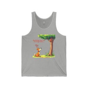 Cold Turkey Graphic Unisex Tank Top Gray tank top with cartoon dog looking at a tree.