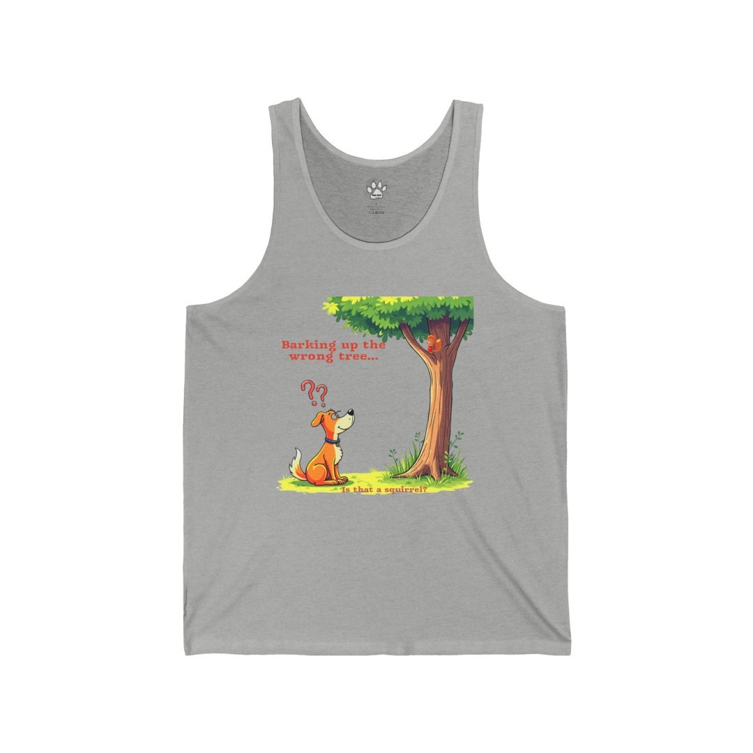 Gray tank top with cartoon dog looking at a tree.