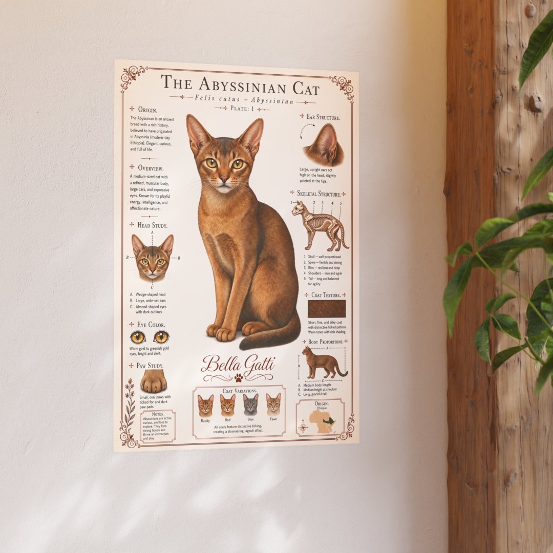 5216332295575547611_2048.jpeg Poster of an Abyssinian cat with detailed information.