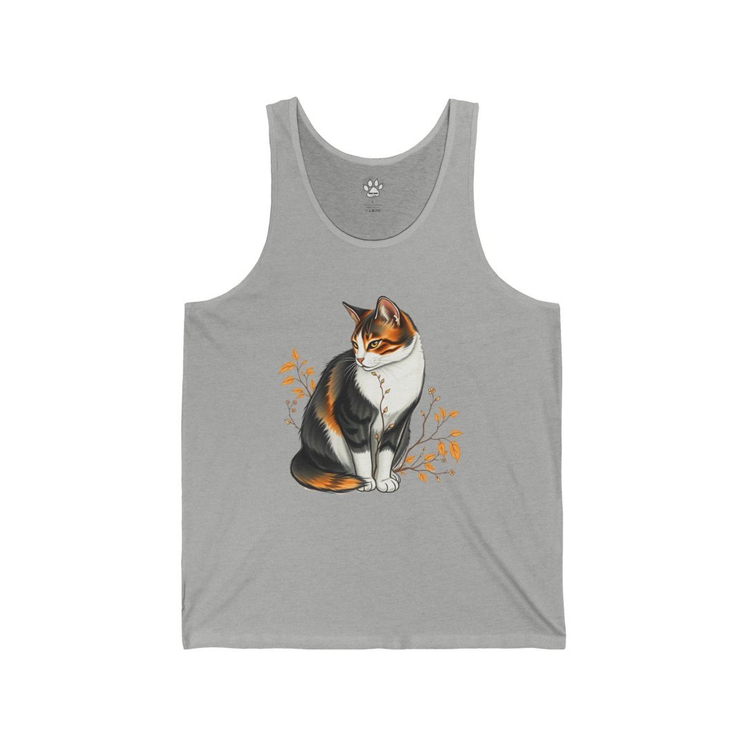 5255628358681646548_2048.jpeg Gray tank top with a calico cat illustration and orange floral accents.