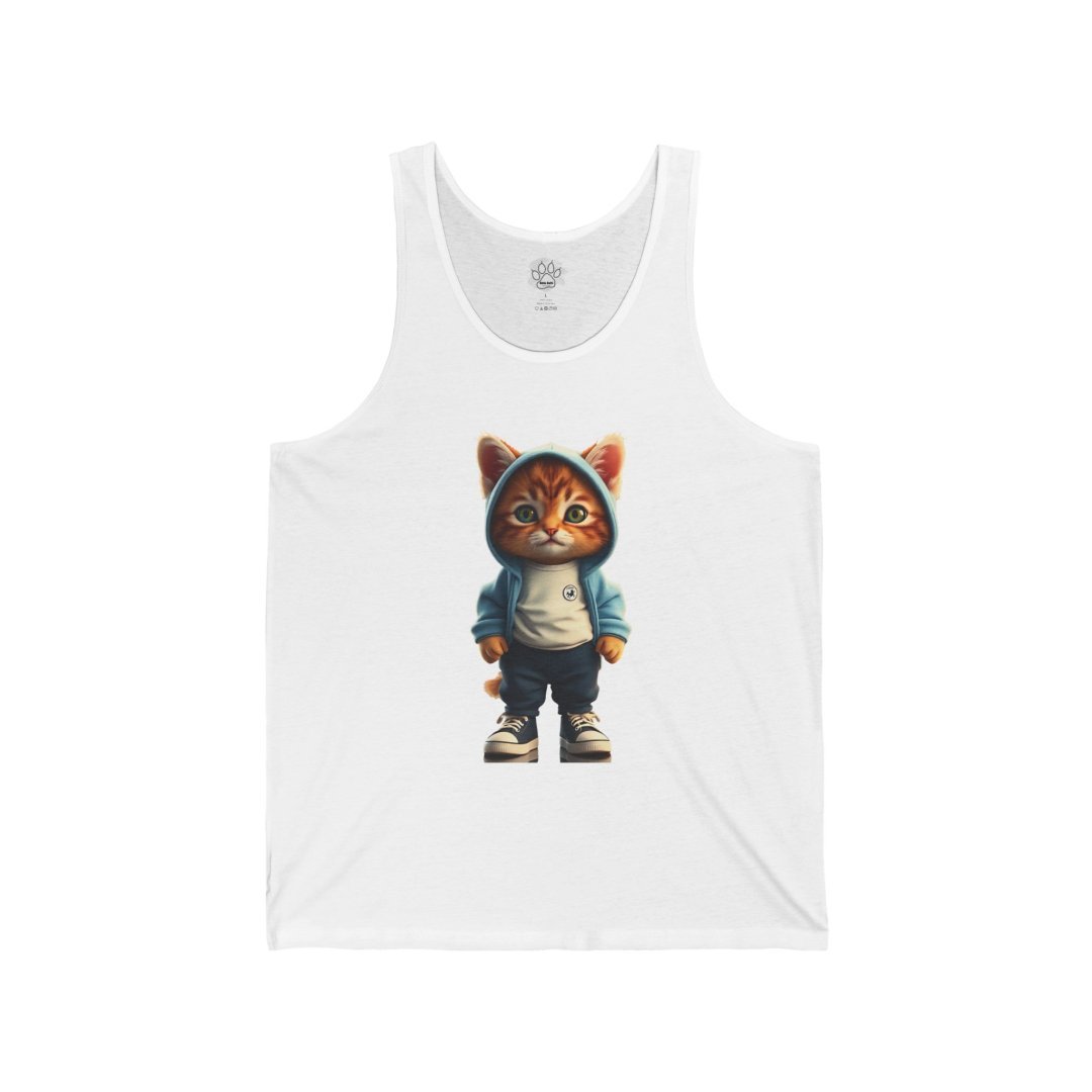 5260104839373014781_2048.jpeg Tank top with a cartoon cat wearing a hoodie and sneakers.